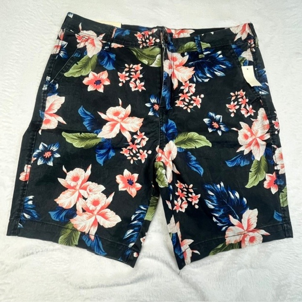 Aeropostale Mens Stretch Classic Short 34 Black Tropical Floral Hibiscus NWT